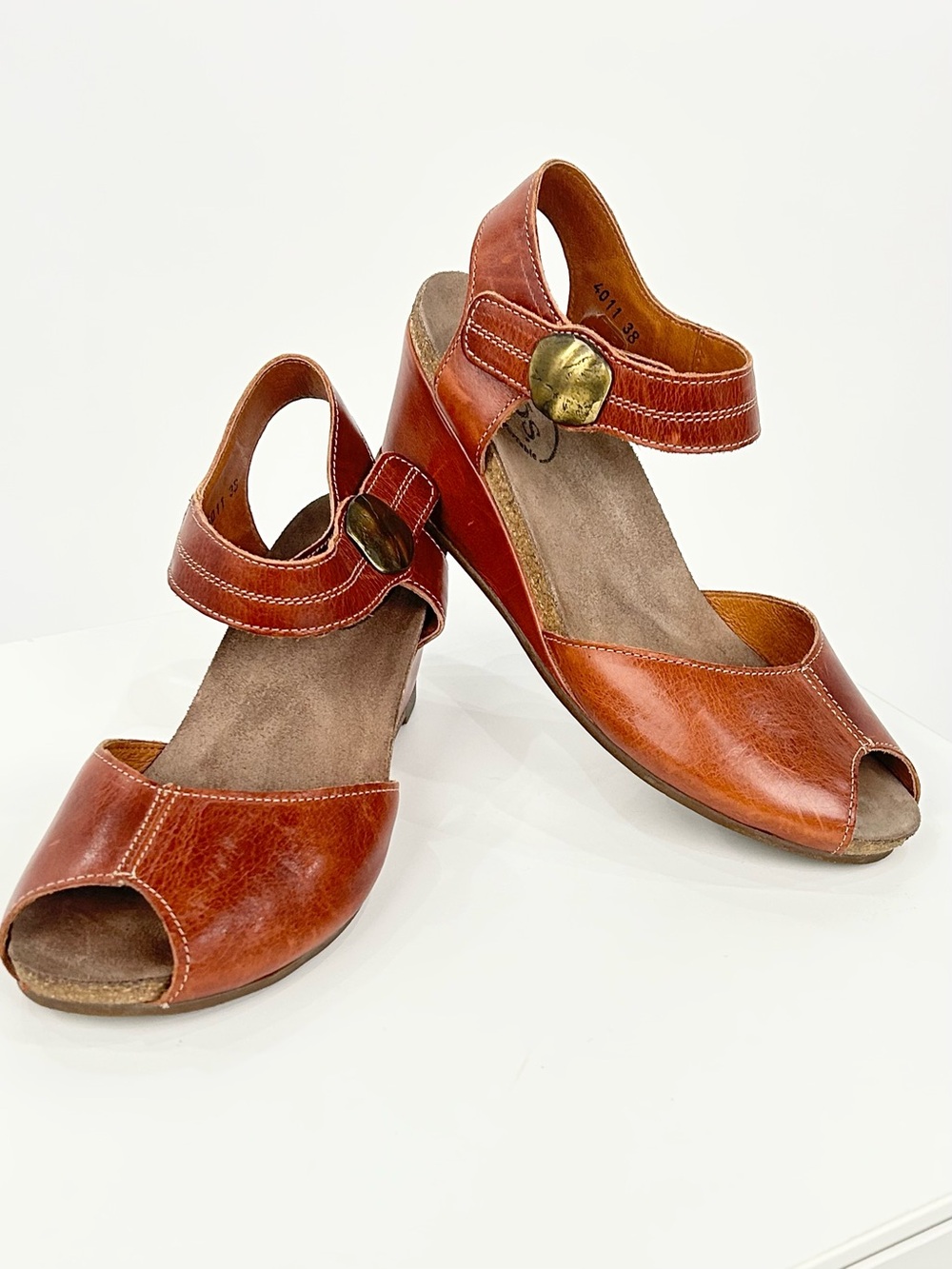 Taos Cognac Leather Peep Toe Wedge Sandals Comfort Shoes EU 38 US 7.5-8